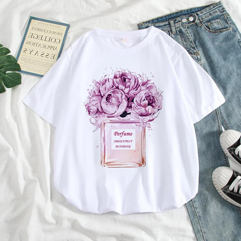 

Summer Harajuku Female T-shirt Fashion Top Casual T Shirt Women Clothes Flower Perfume Bottle Sweet Short Sleeve Printed Tshirt