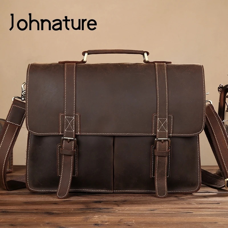 

Johnature Crazy Horse Leather Laptop Bag 2021 New Retro Men Briefcase First Layer Cowhide Handbag Mens Business Messenger Bag
