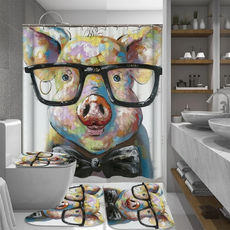 

4 шт. прекрасные очки Piggy Pig 3D печать водонепроницаемый ванная душевая занавеска коврик для туалета нескользящий коврик набор с крючками