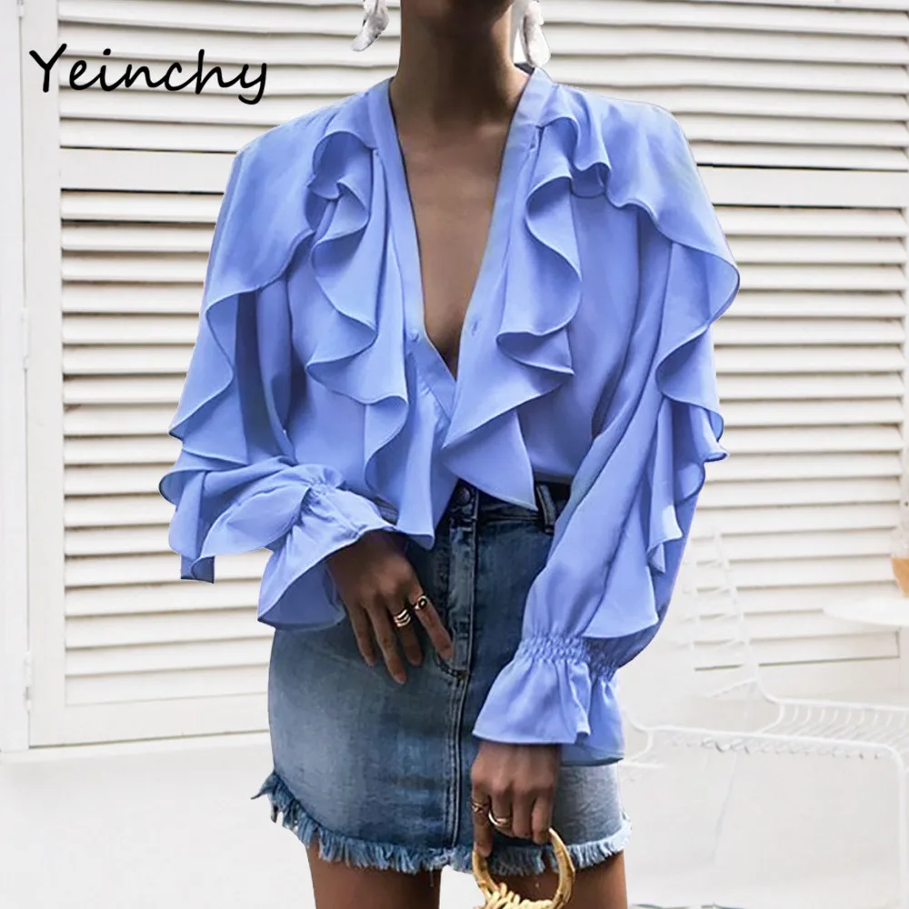 

Yeinchy fashion women v neck long sleeve ruffles and folds Chiffon top FM6048