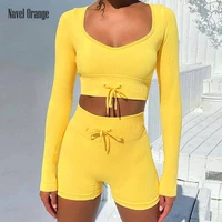 women casual short top elastic waist loungewear suits spring autumn solid o neck shorts slim set sports tight fitting streetwear