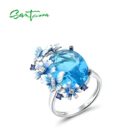santuzza 925 sterling silver rings for women shiny oval blue stone handmade enamel delicate flowers butterfly ring fine jewelry