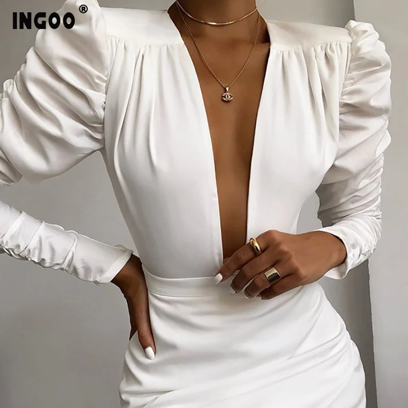 INGOO сексуальное длинное облегающее платье с пышными рукавами весенние