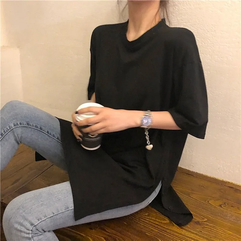 

Short Sleeve T-shirts Women Side-slit Buttons Stylish Solid Harajuku Womens Leisure Ulzzang Simple Loose Plus Size 2XL Chic Soft
