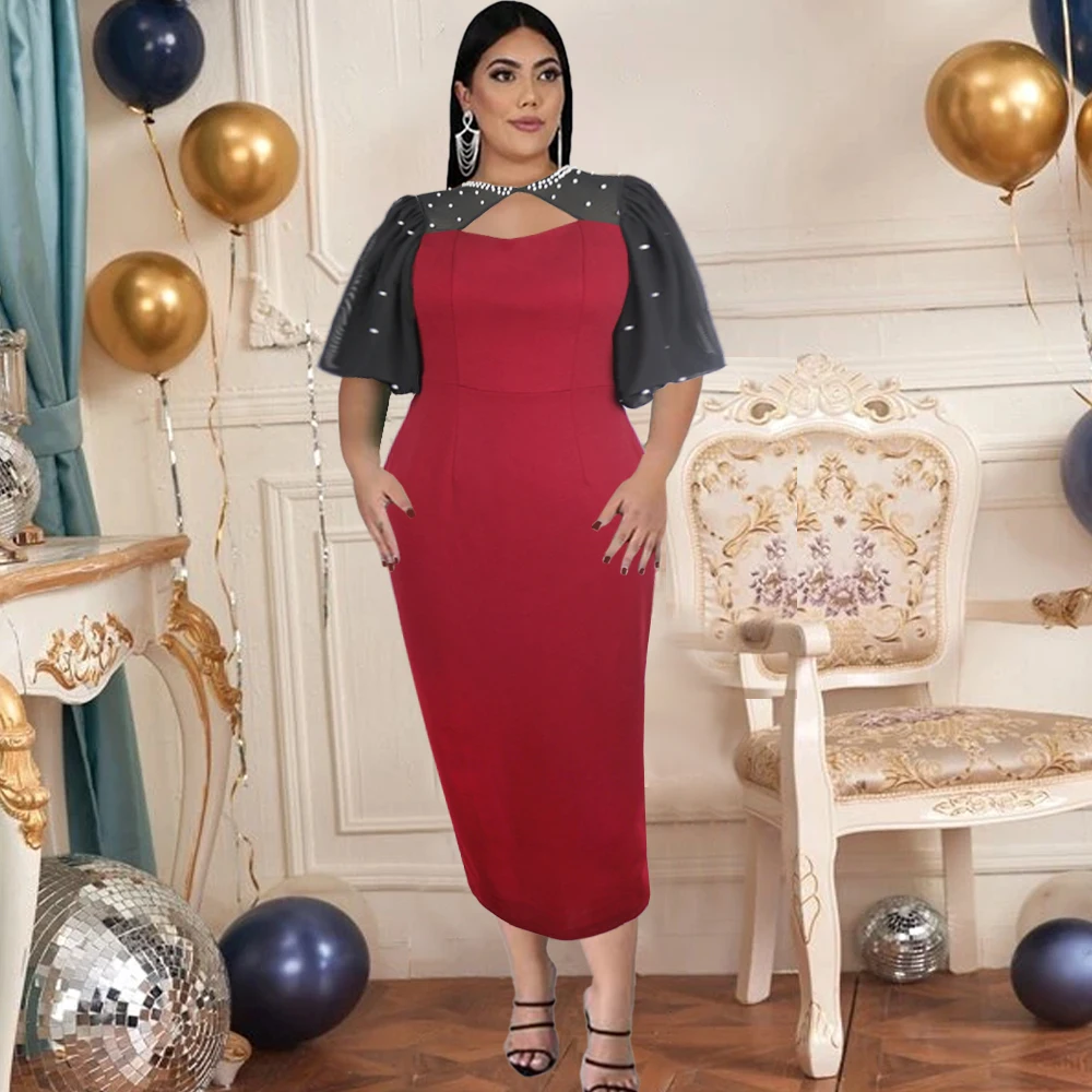 

Color Block Dresses Plus Size 4XL 5XL Women Beads Short Lantern Sleeve Bodycon Evening Birthday Party Event Occasion Robe Summer
