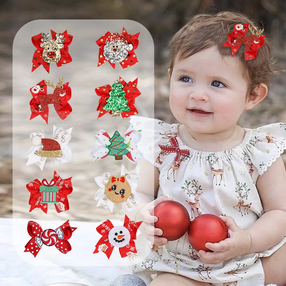 

Fashion Baby Girls Hair Accessories Kids Glitter Bowknot with Cartoon Pattern Hairpin Christmas Decoration Photography Props