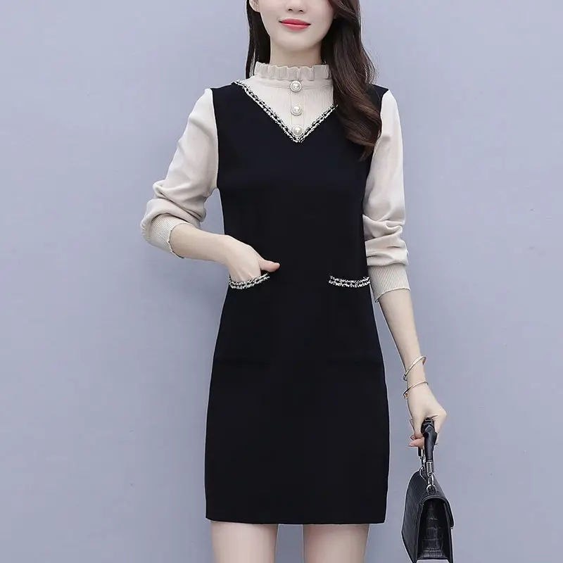 

Women 2021 Autumn Winter New Patchwork Knitted Vestidos Female Loose Straight Dresses Ladies Stand Collar Sweater Dress D750