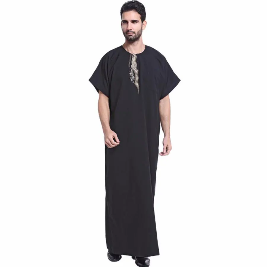 New Short Sleeve Muslim Abaya For Man Jubba Thobe Middle East Long Robes Kaftan Arab Dubai Round Neck Embroidery Islamic Clothes