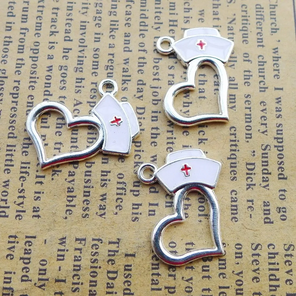 

100pcs Nurse Cap Heart Charms 20mm x 21mm DIY Jewelry Making Pendant antique silver color