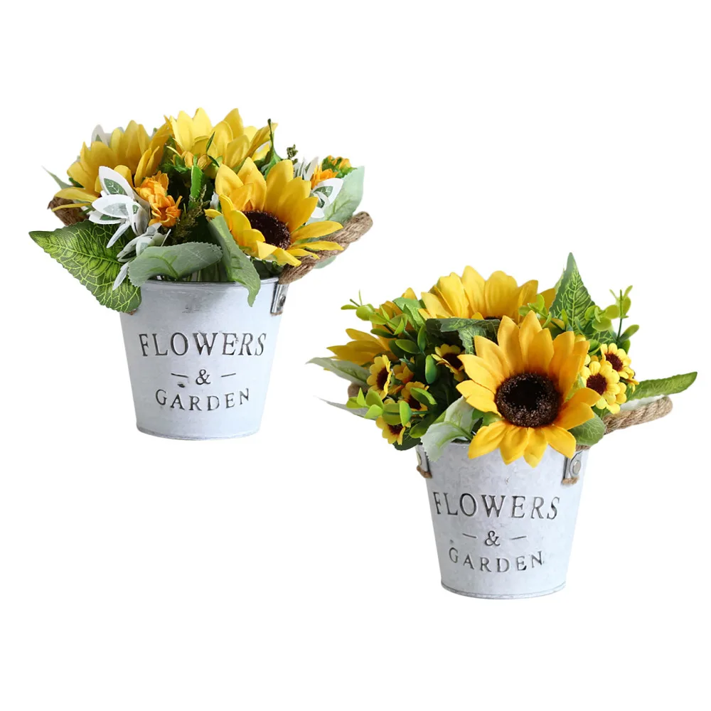 Sun Flower Metal Pot Bonsai Ornaments Plant Set Decorations Tin Bucket Artificial Daisy Bouquet With Vase Retro Sunflower | Дом и сад