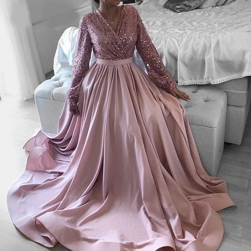 

Розовым цветами, v-образным вырезом и длинным рукавом, торжественное платье, украшенные пайетками, с сатиновый лиф Юбка А-силуэта размера плюс вечерние платья Robe De Soiree Дубай