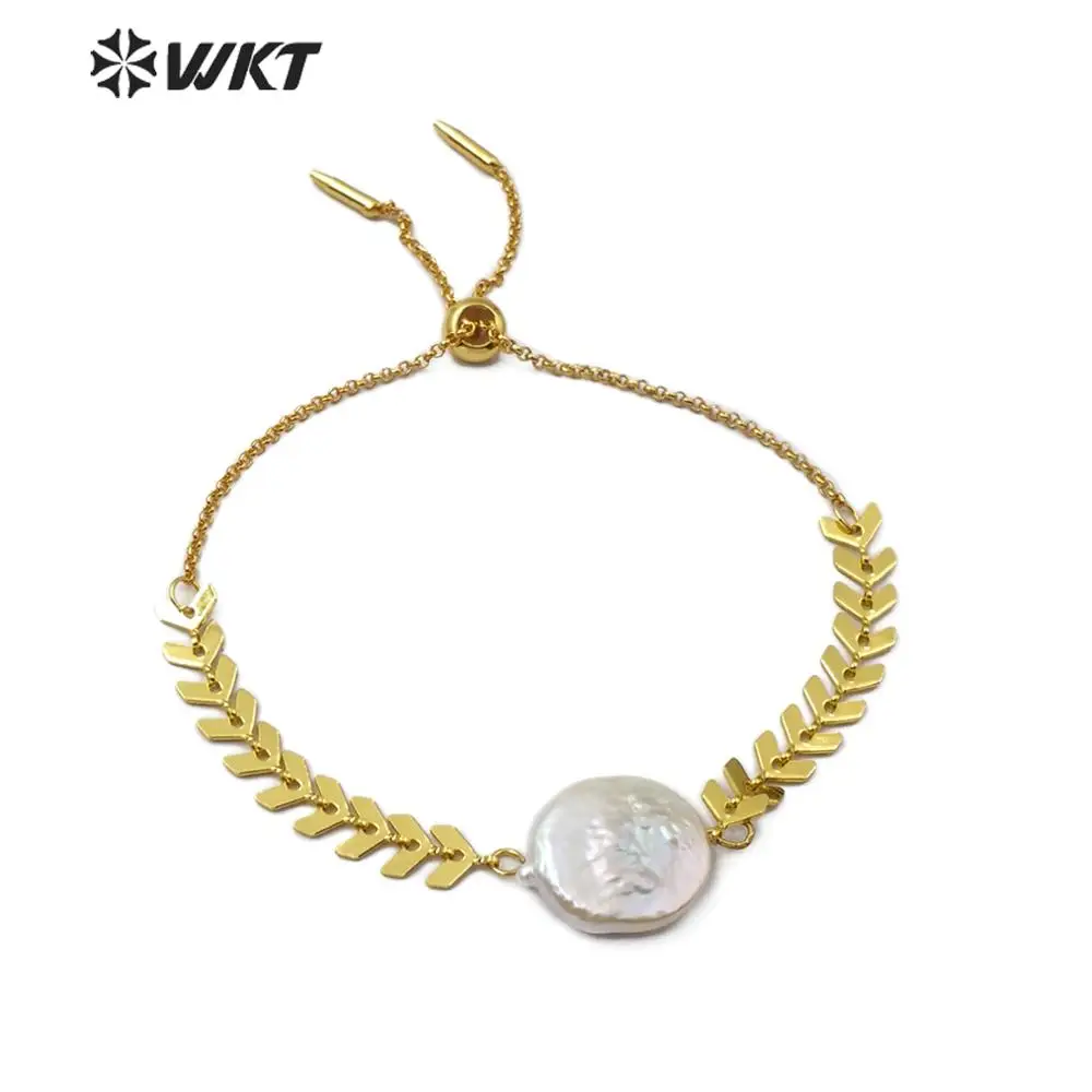 

WT-B499 Natural Freshwater Pearl Bracelet Round Shape White Pearl Bracelet With Gold Electroplated Arrow Chain Fashion Bangle