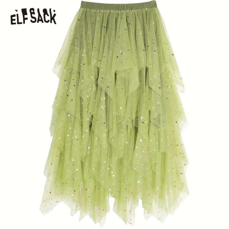 Женская многослойная юбка с блестками ELFSACK зеленая однотонная Повседневная
