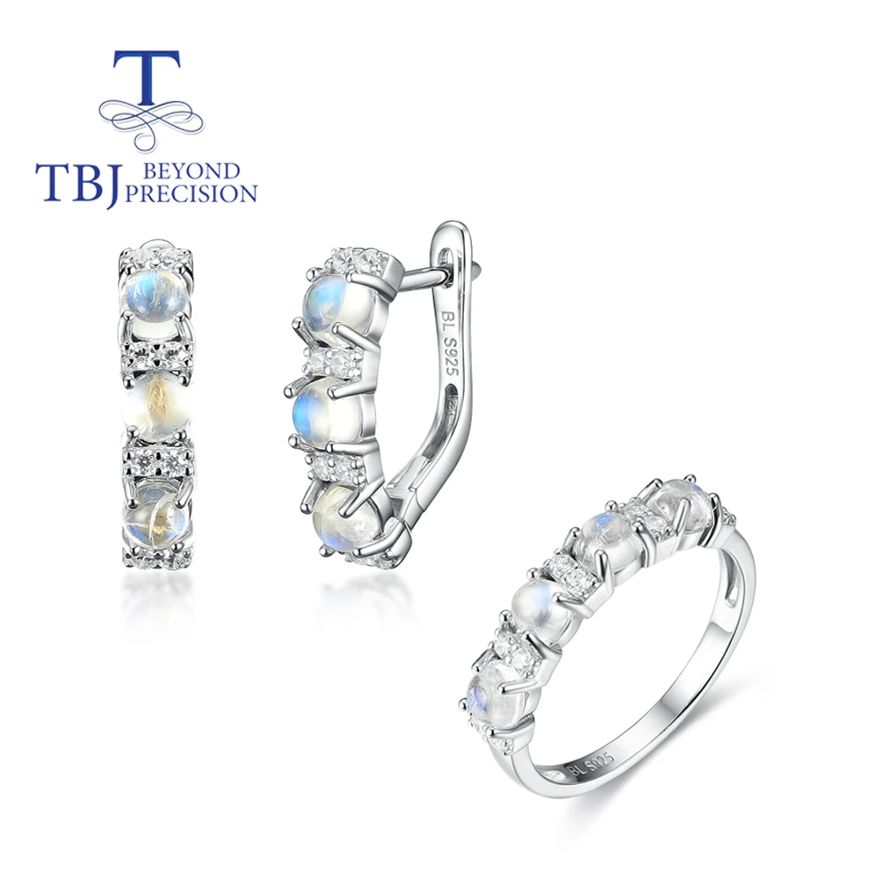

TBJ,100% Natural moonstone round 4.0mm ring earrings jewelry Set 925 sterling silver simple women's fine jewelry for daily wear