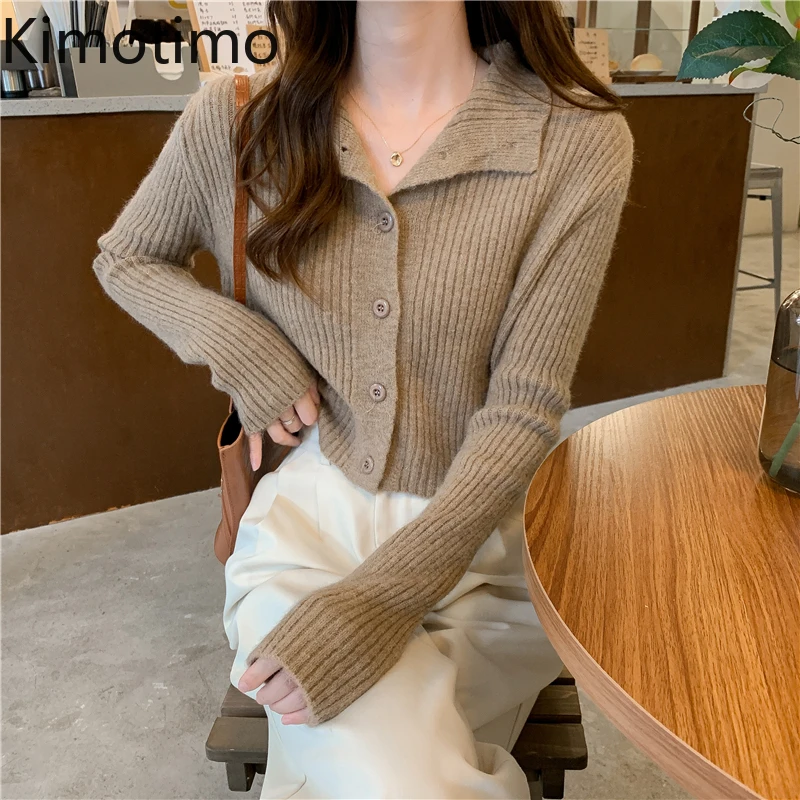 

Kimotimo Solid Cardigan Women Early Autumn Turn-down Collar Lazy Knit Cardigans 2021 Korean Ins All-match Buttoned Crop Sweater