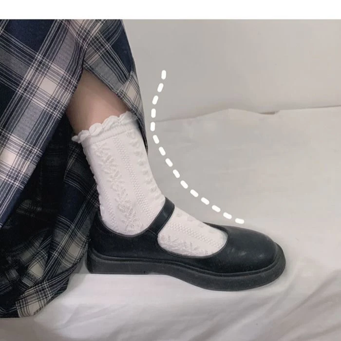CHAOZHU Black White Jk Uniform School Girls Lolita Cosplay Accessories Socks Girls Cotton Knitting Lace Top Loose Rib Sockken