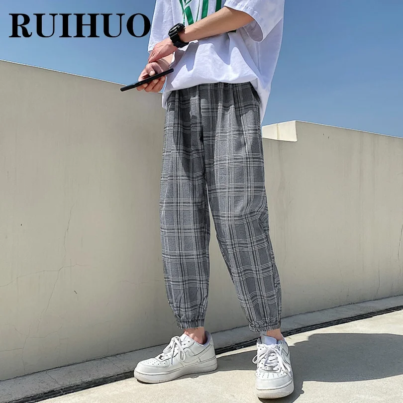 

Брюки RUIHUO мужские клетчатые до щиколотки, модная уличная одежда, брюки, Харадзюку, 3XL, осень 2021