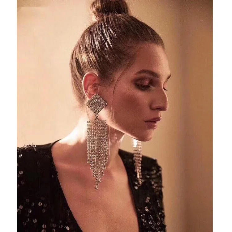 

New rhombic tassel clip long long style exaggerated earrings