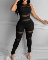 2020 women sexy fashion round neck sleeveless party skinny jumpsuit solid elegant casual sheer mesh thick strap