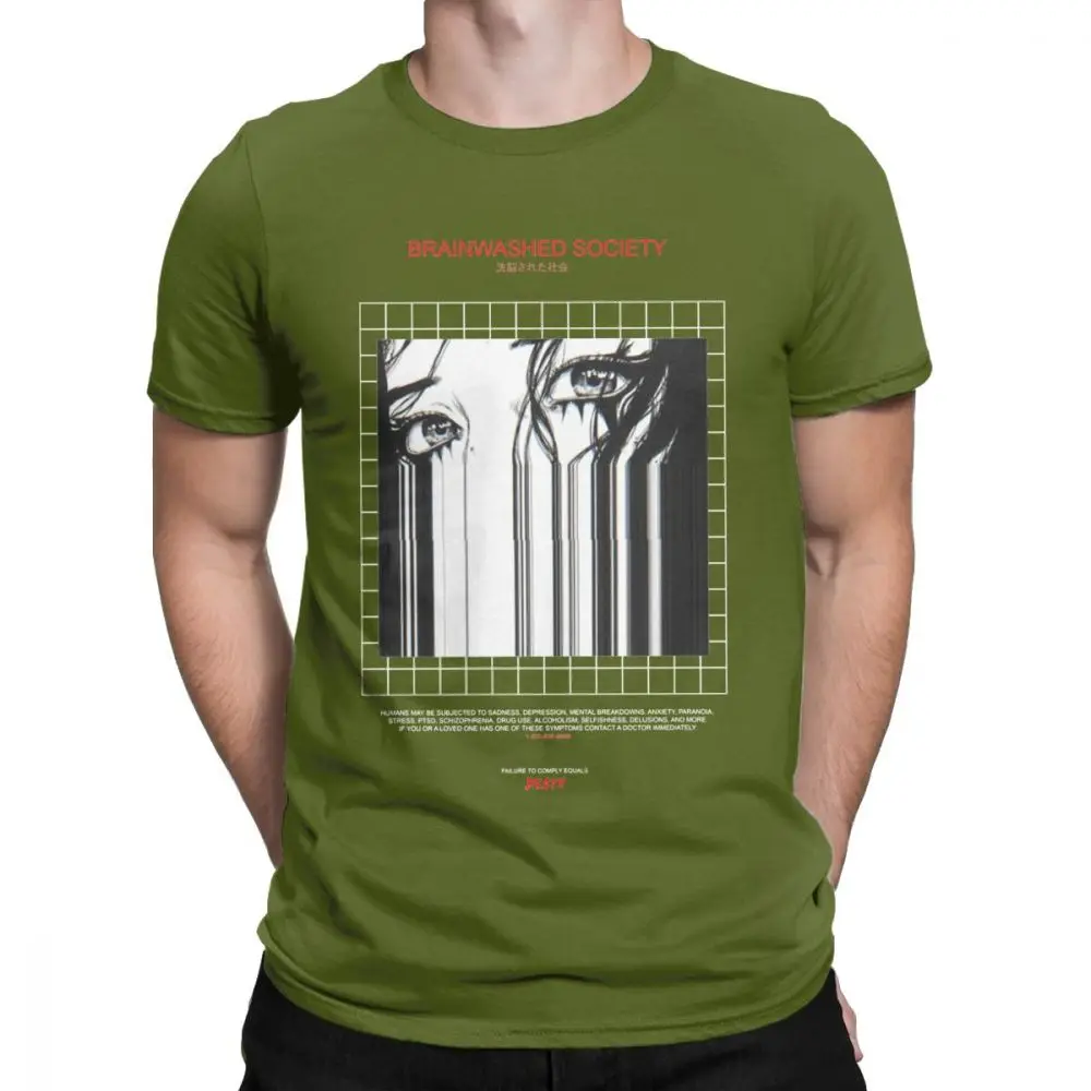 Brainwash society Harajuku футболка Мужская Аниме Vaporwave Япония гранж Sad хлопковая футболка футболки с коротким рукавом размера плюс Топы - Цвет: Армейский зеленый