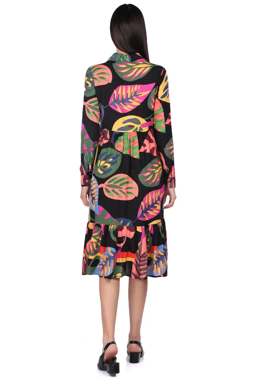 

Womens Black Tropical Patterned Gathered Dress