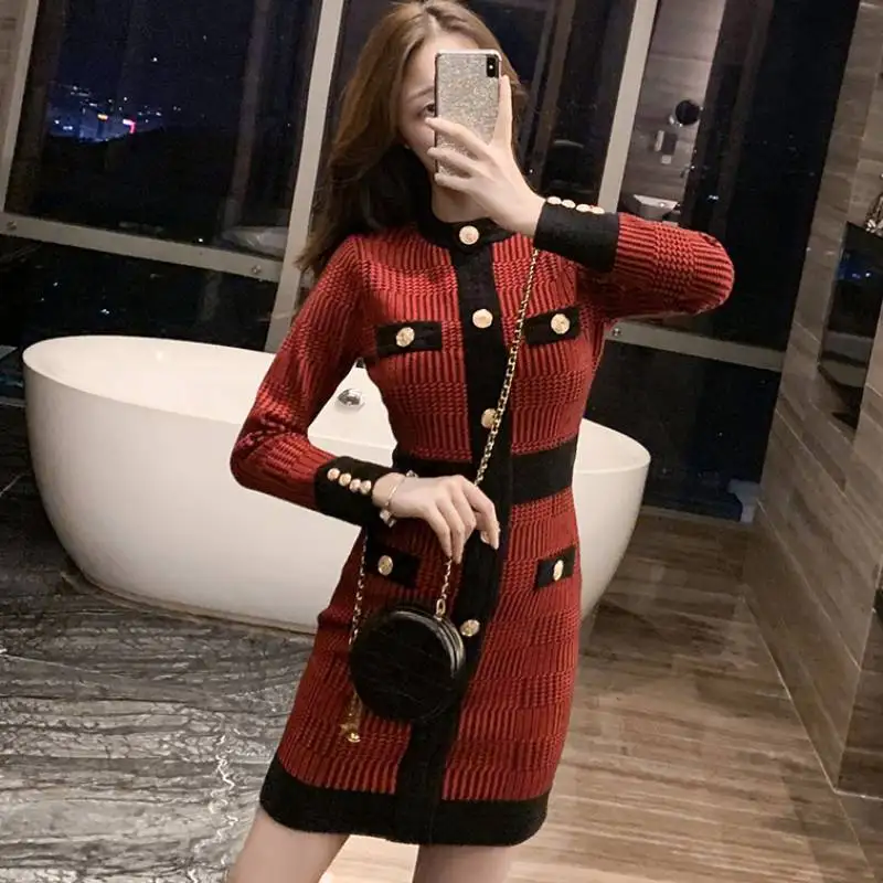 

Button Plaid Knitted Dress Elegant Korean Autumn Winter Women Vintage Vestidos Sweater Long Sleeve Office Mini Dress One-Piece