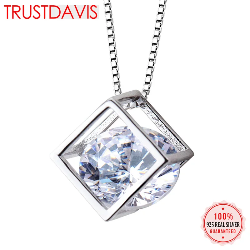 Trustdavis 925 однотонные ювелирные изделия из настоящего стерлингового серебра квадрат кубического циркония короткое ожерелье с подвеской милый подарок для девушек и женщин DS439