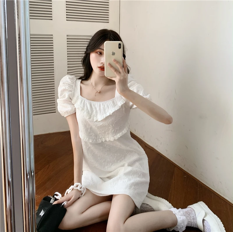 

COIGARSAM French Style Loose Women dress Vintage Puff Sleeve Square Collar Dresses Black Nini 6006