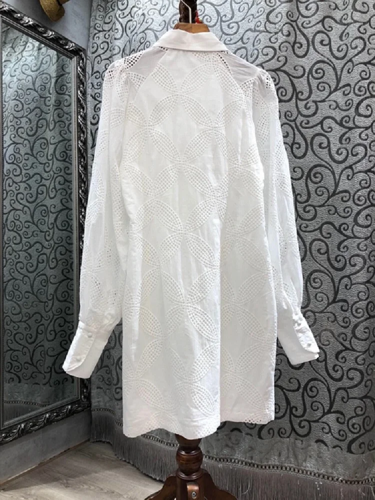 

New Arrival Long Shirt Dress 2021 Spring Summer High Quality Clothing Women Turn-down Collar Hollow Out Embroidery Dress Button