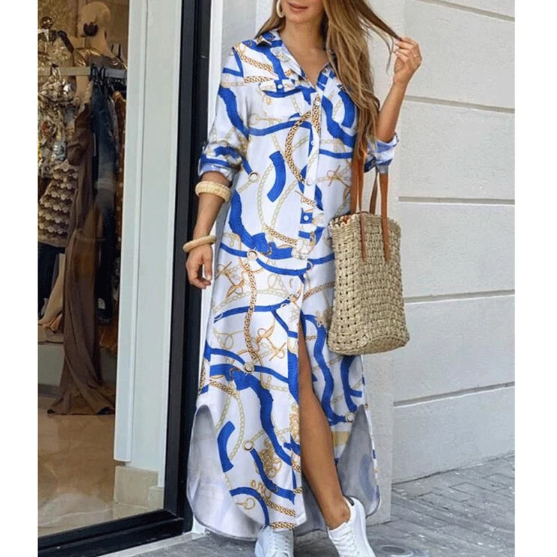 

Spring/Autumn Women's New Long and Wide Shirts and Skirts European and American Fashion Lapel Solid Color Letter Printed Dress