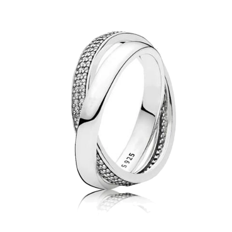 

Original 925 Sterling Silver Shiny Silver Double Row With Crystal Interlaced Pan Ring For Women Wedding Party Fashion Jewelry