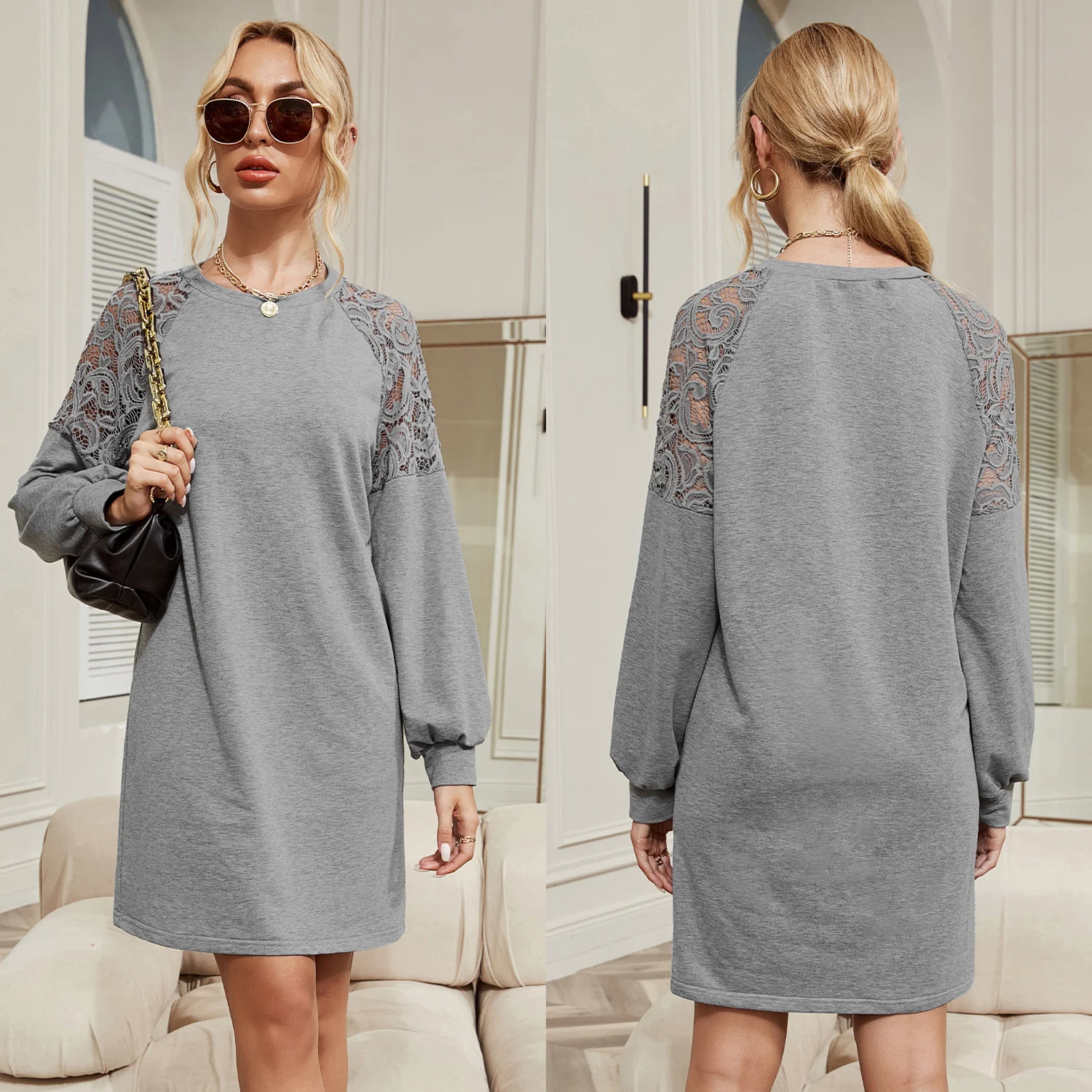 

Women Autumn Winter Round Neck Stitched Hollow Lace Long Sleeve Dress