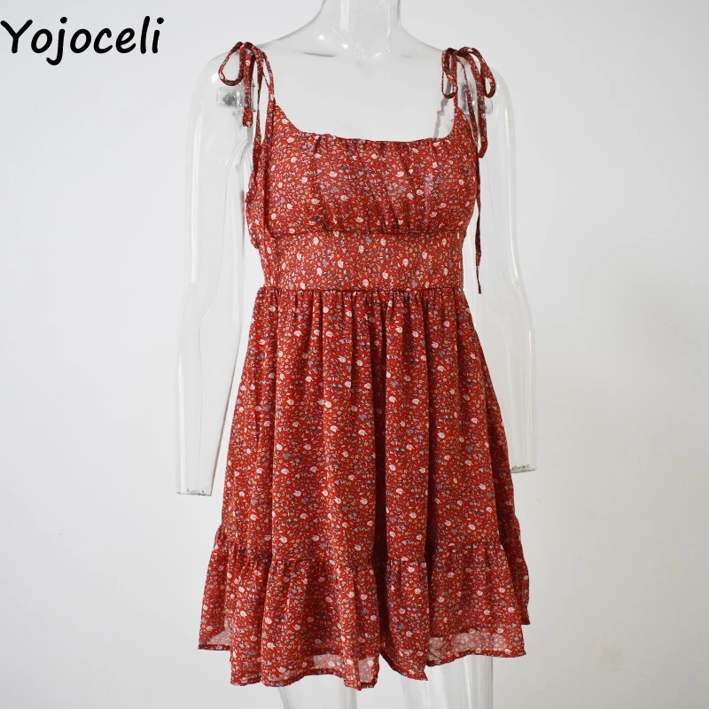 Yojoceli, сексуальное платье с принтом, короткое, с оборками, женское, летнее, элегантное, для вечеринки, мини платье, женское, повседневное, на бретелях, сарафан, vestidos