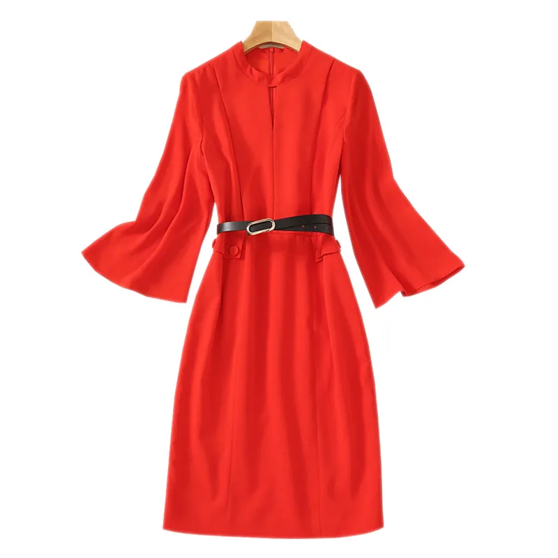 

Solid Color Red/Black Halter Cut Out Keyhole Flared Sleeve Knee Length Elegant Office Dress