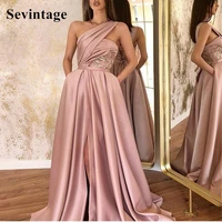 sevintage one shoulder long prom dresses pleats sexy high slit special occasion dress 2021 soft satin evening gowns custom made