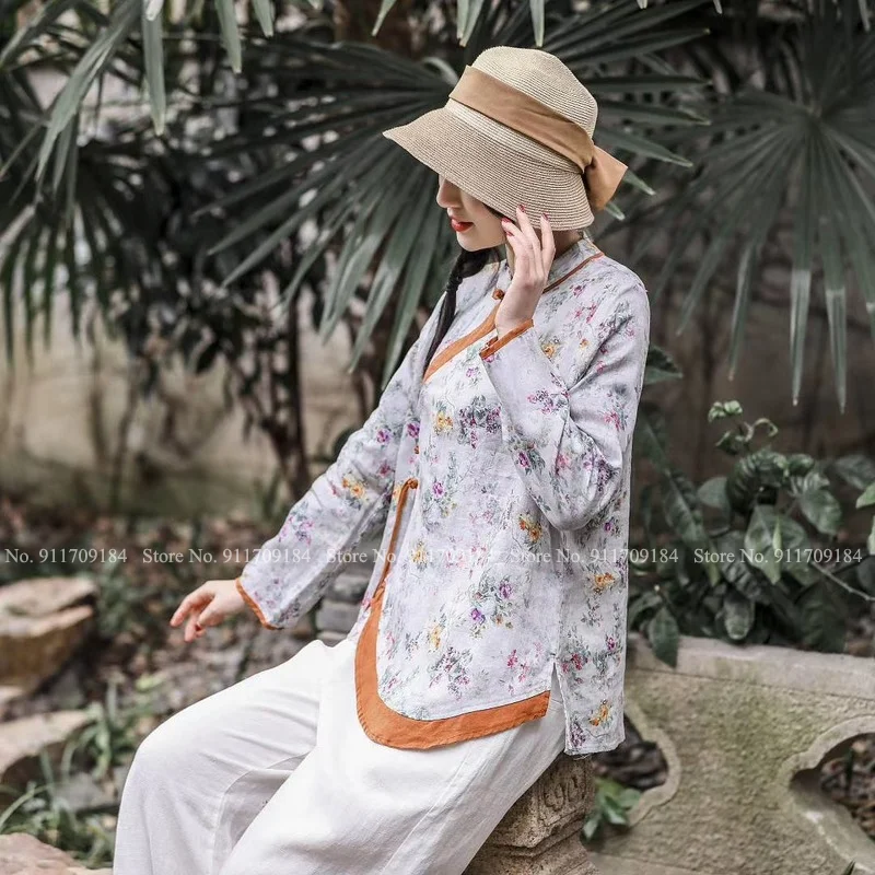 

5Colors Women Retro Floral Print Qipao Tops Chinese Style Vintage Elegant Cheongsam Casual Blouse Hanfu Shirts Cardigan Outfits