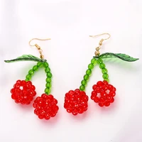 mireina cute red hand knitted beads with green leaves plastic earrings tiny ball beaded fruit cherry drop earrings
