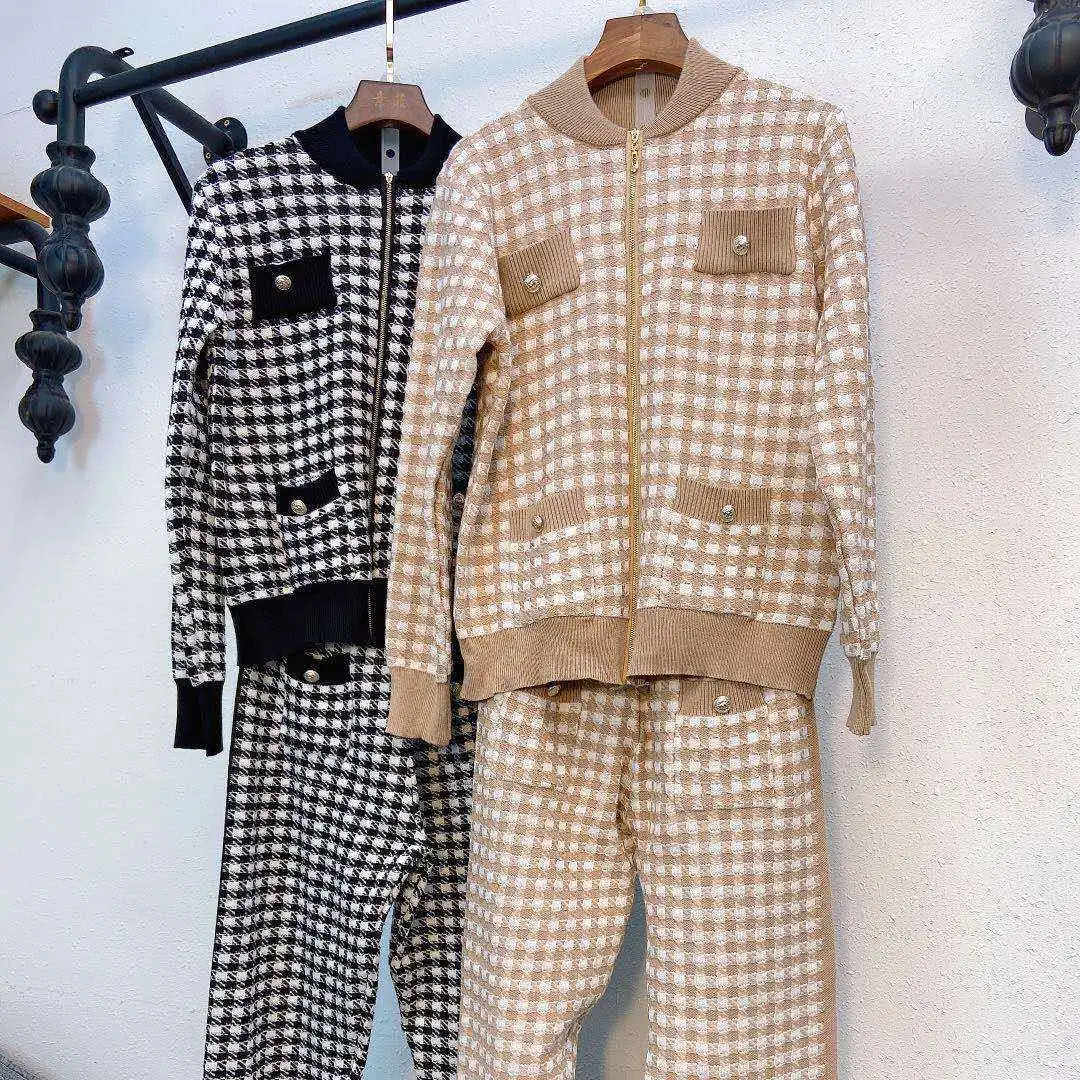 

Fall/winter New Black-and-white Checked Knit Suit, Women's Fashion, Western-style Sweater, Haren Pants, Hip Slacks, Teenage Girl