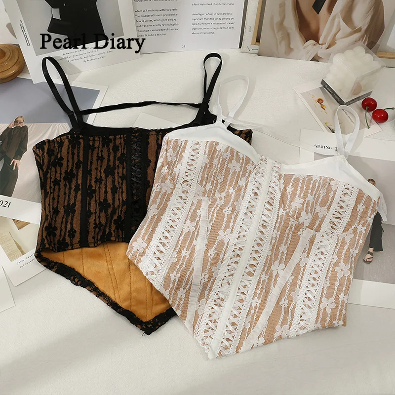 

Pearl Diary Embroidered Vertical French Style Stripes Top Vest New Style Slim Show Thin Render Condole Belt Top Women