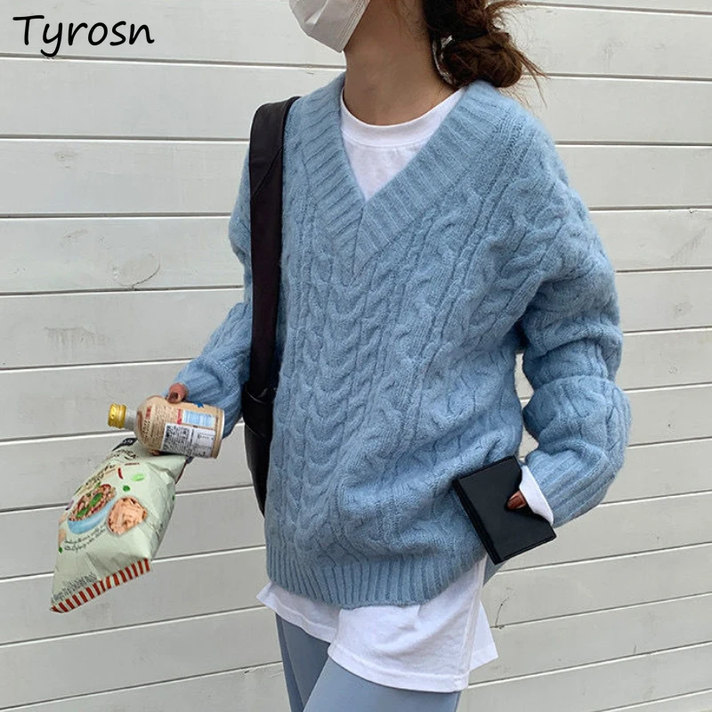 

Женский свитер, пуловеры с V-образным вырезом, свободная жаккардовая утепленная однотонная верхняя одежда в Корейском стиле ретро, универса...