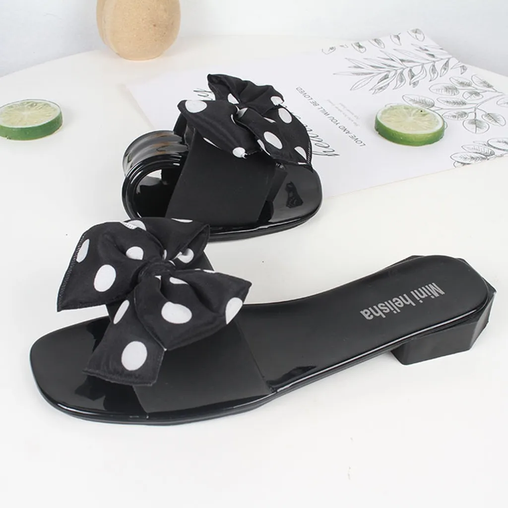 SAGACE Polka Dot Slipper Women Sandals Vintage Square Toe High Heel Summer Bow Slippers Casual Shoes Female | Обувь