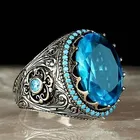 Мужские кольца в стиле панк, винтажные, с большим синим камнем овальной формы, для мужчин и женщин, серебряного цвета, с резным узором, ювелирные изделия для пар, кольца для свадебной вечеринки