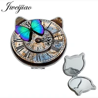 youhaken old clock and bule butterfly ear vintage shaped beauty makeup mirrors time is money insect espelho for makeup b137