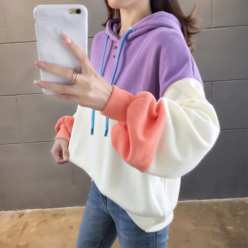 Осенняя мода новый цвет мозаика женское худи Ins фиолетовый Плюс Размер Женская