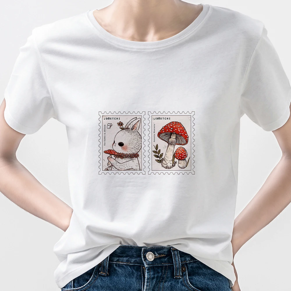 

Streetwear Tshirt Womens European American Fashion Short Sleeve Rabbit And Mushroom Stamp Graphic Printed T Shirt Hipster