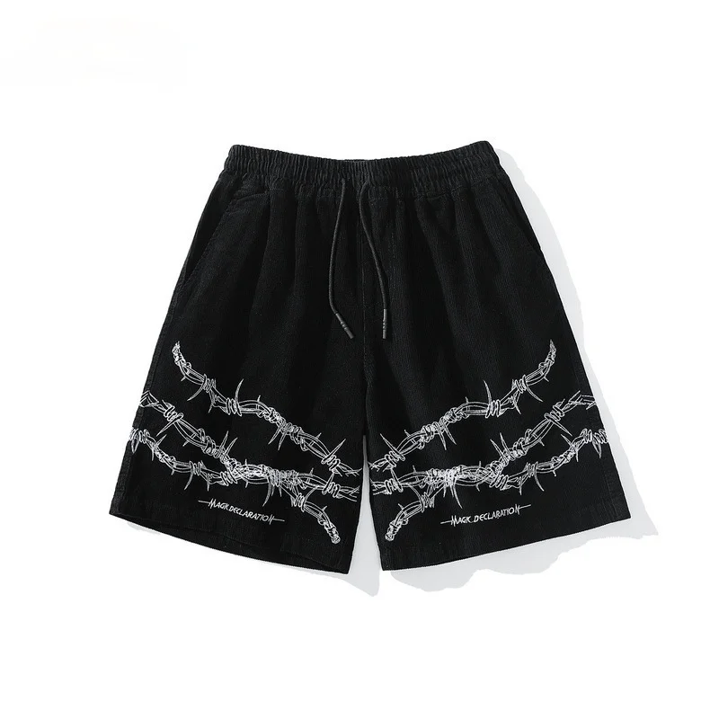 

Men's Wear High Street Hip-hop Embroidery Black Personality Gothic Shorts Tide Knee Length Pants For Men High Qulity 2021