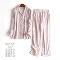 womens spring and autumn cotton leisure tops pajamas set plaid cotton double layer yarn lapel casual