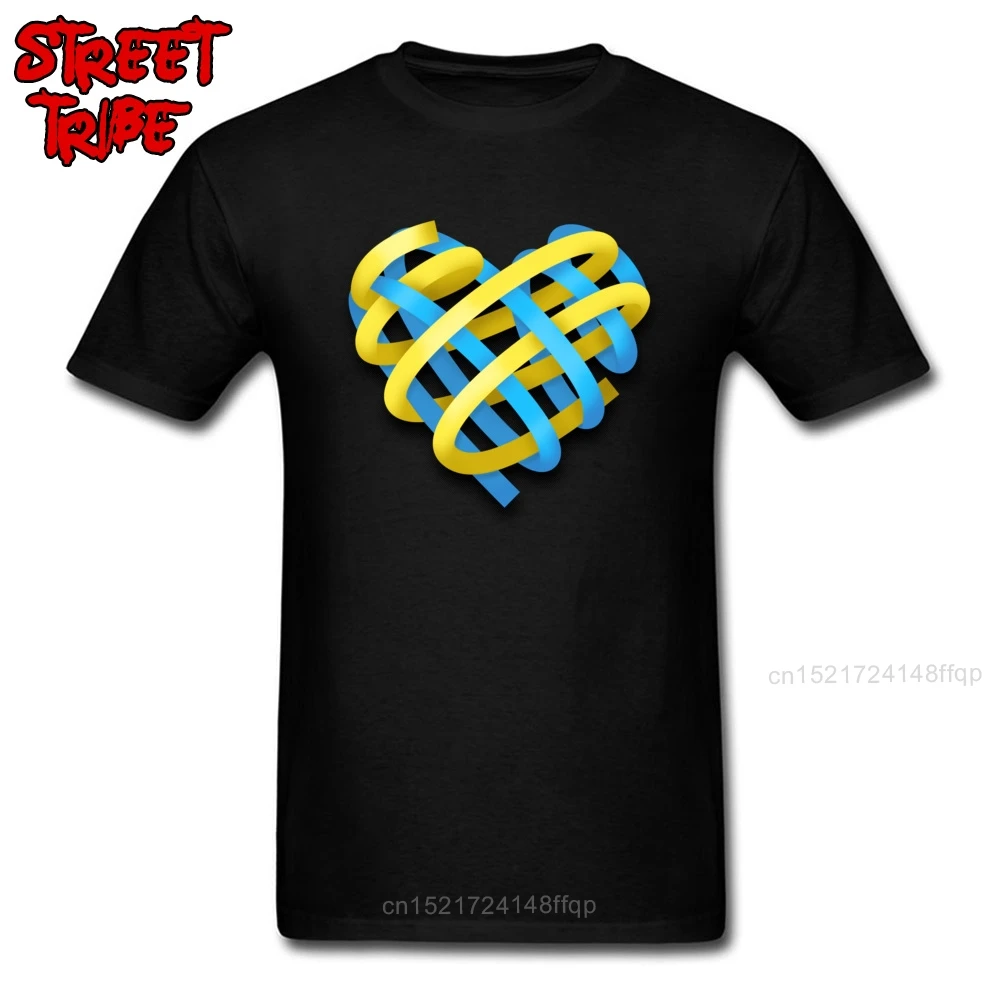 Высокое качество футболка синий и желтый Лента сердце Топ 3D футболки Crewneck Чистый