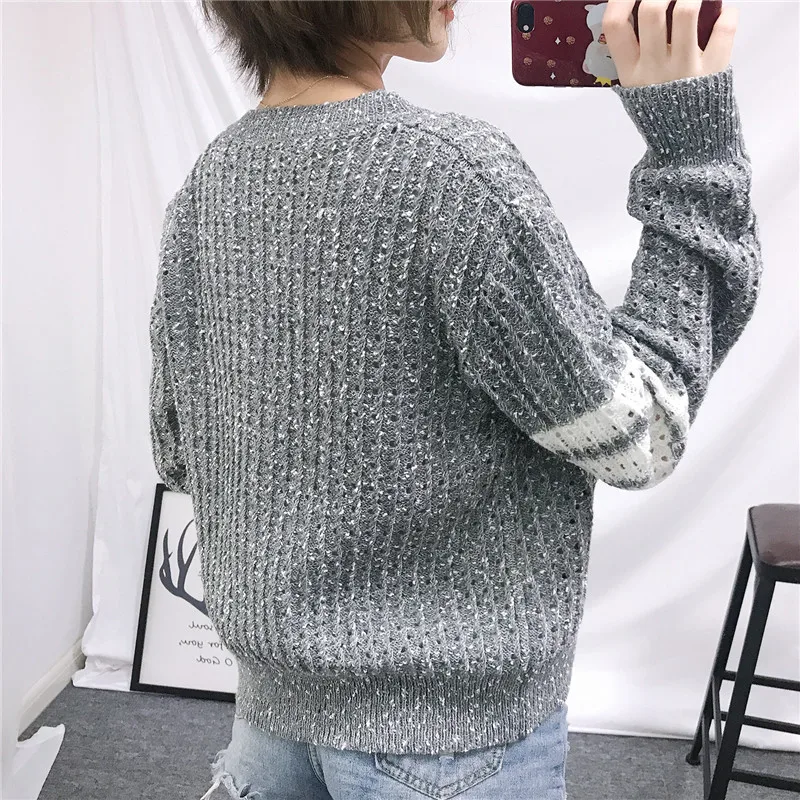 

Hollow Out Cardigan Women 2019 New Hit Color Striped V Neck long sleeve Single Breasted Cardigan Sweater Knitted Outwear Top