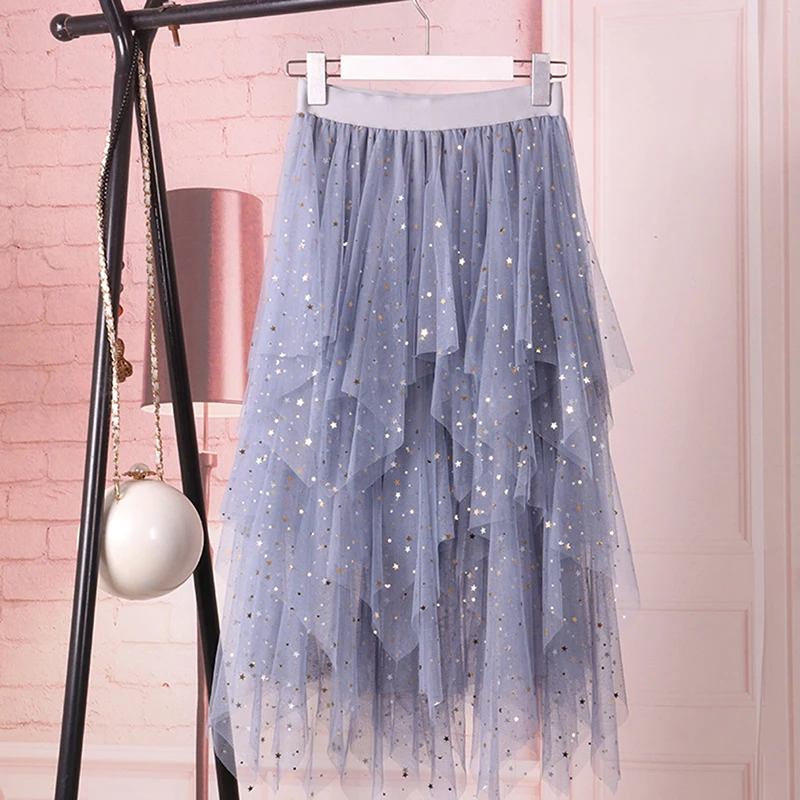 Женская юбка пачка из тюля ассиметричная плиссированная макси с высокой талией и